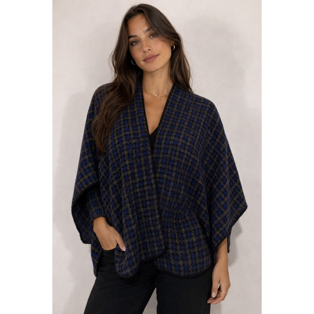 Blue & Black Houndstooth Open-Front‎ Poncho